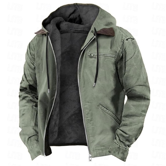 Men's Drawstring Hooded Jackets Winter Warm Fleece Lined Coats Fashion Zip up Outwear Jacket with Pockets Green M