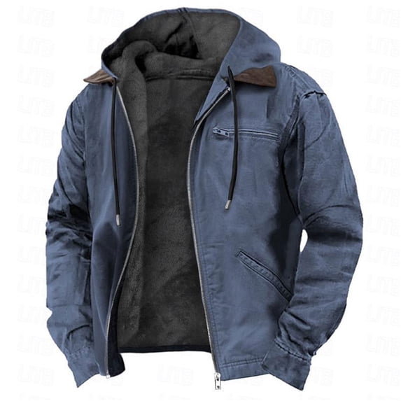 Men's Drawstring Hooded Jackets Winter Warm Fleece Lined Coats Fashion Zip up Outwear Jacket with Pockets Navy 3XL