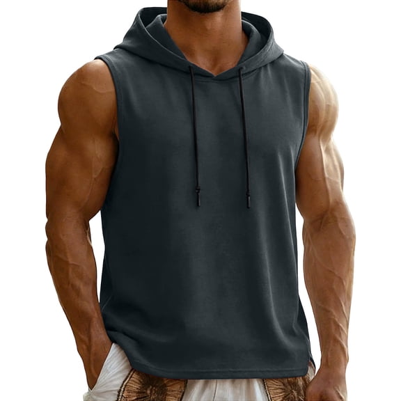 Men's Drawstring Hooded Tank Tops Casual Loose Fit Sleeveless Hoodies Tee Shirt Workout Muscle T Shirt