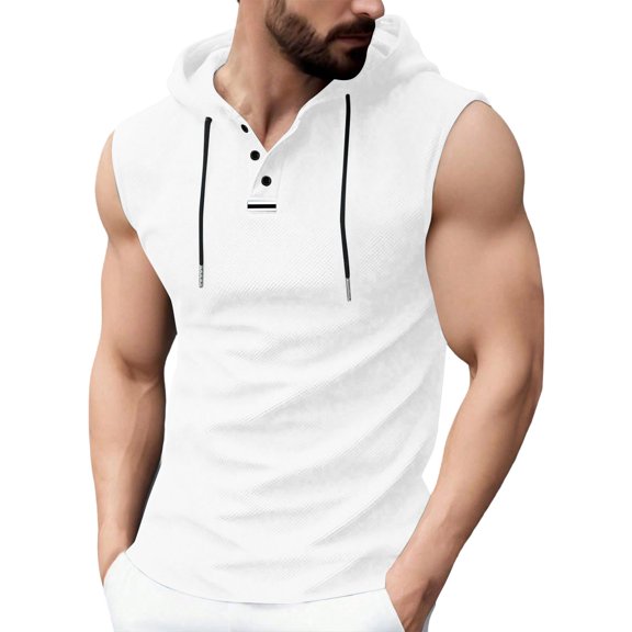 Men's Drawstring Hooded Tank Tops Textured Quarter Button Henley Sleeveless Gym Workout Muscle Shirts White
