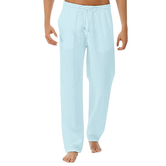 Men's Drawstring Linen Pants with Elastic Waist Wide Leg Pants with Pockets with Deep Pockets Long Pants Lightweight Casual Summer Yoga Beach Pant,Blue L