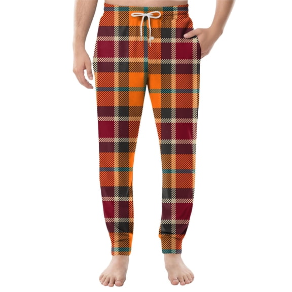 Men's Drawstring Pocket Casual Pants, Checkered Striped Printed Pocket Casual Pants, Home Sleeping Pants