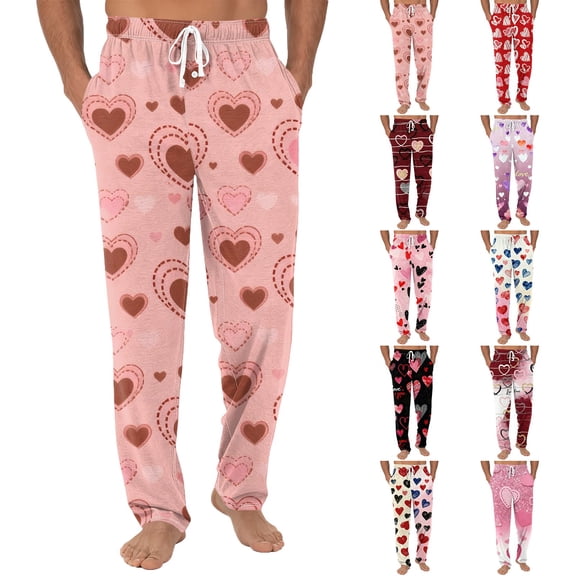 Men's Drawstring Pocket Cuffed Valentine's Day Print Pants, Casual Home Sleep Pants for Gift, Holiday and Relaxing Wear,Gray,S