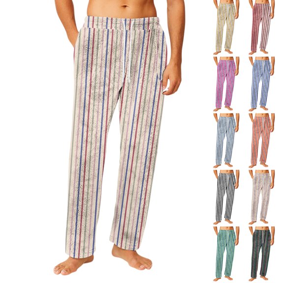 Men's Drawstring Pocket Flannel Stripe Print Pants - Homewear Sleep Pants for Winter Lounging, Comfortable Wear and Christmas Relaxation,Saffron,XL