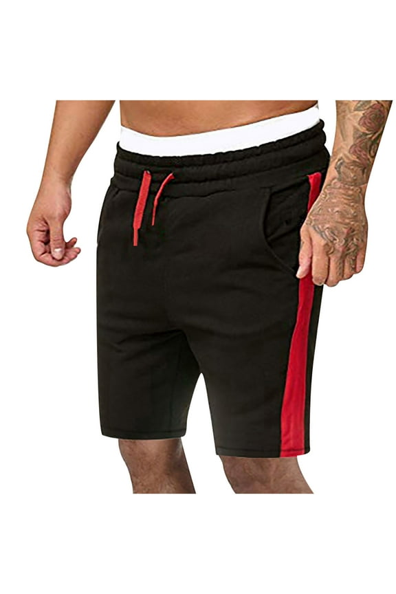 Men's Drawstring Summer Shorts Classic Fit Elastic Waist Colorblock Casual Beach Sports Gym Jogging Sweatpants (Large, Black)