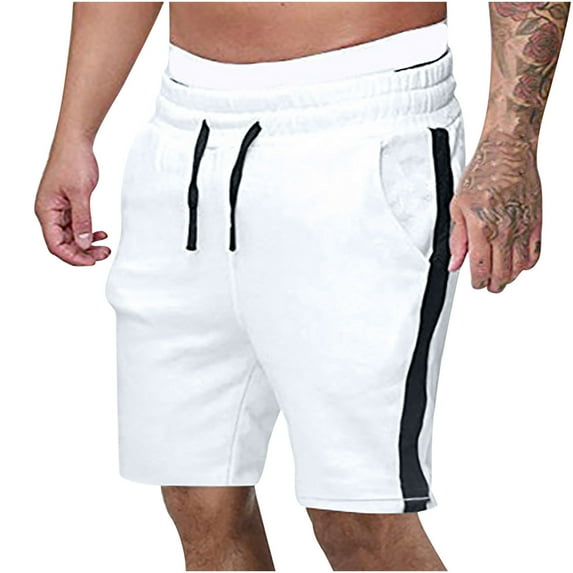 Men's Drawstring Summer Shorts Classic Fit Elastic Waist Colorblock Casual Beach Sports Gym Jogging Sweatpants (XL, White)