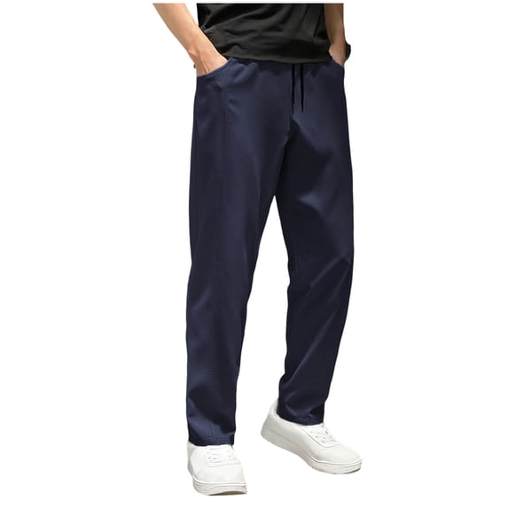 Men's Drawstring Sweatpants Straight Leg Casual Fall Summer Pant with Pockets Elastic Waist Solid Color Trouser (M, Navy)