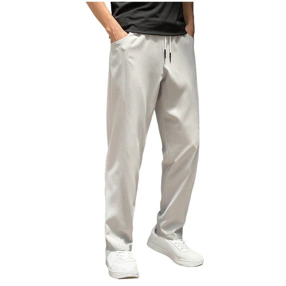 Men's Drawstring Sweatpants Straight Leg Casual Fall Summer Pant with Pockets Elastic Waist Solid Color Trouser (XL, Gray)