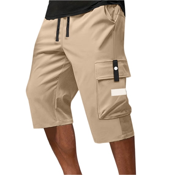 Men's Drawstring Waist Cargo Shorts Loose Fit Multi Pocket Athletic Workout Knee Length Trousers for Outdoor and Casual Wear