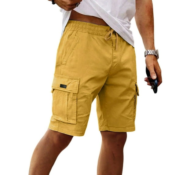 Men's Drawstring Waist Casual Cargo Shorts, Loose-Fit Solid Color Work Shorts with 6 Pockets (Breathable Poly-Cotton Blend) ,Khaki S