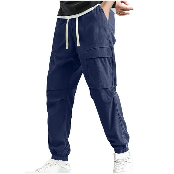 Men's Drawstring Waist Flap Pocket Jogger Cargo Pants Carrot Denim Jeans with Pocket