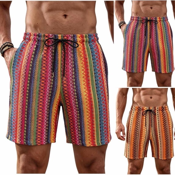 Men's Drawstring Waist Knited Jacquard Striped Shorts 7 Inch Boho Summer Beach Shorts with Pockets Size S-2XL Orange