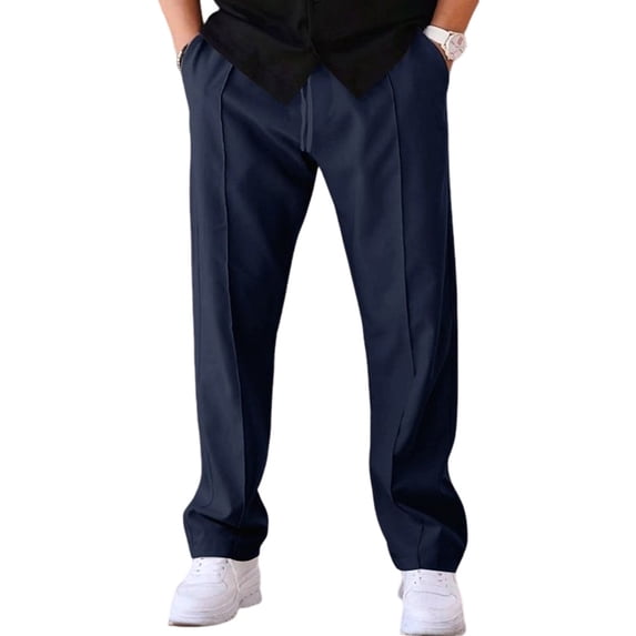 Men's Drawstring Waist Seamed Straight Leg Casual Pants Navy Blue L