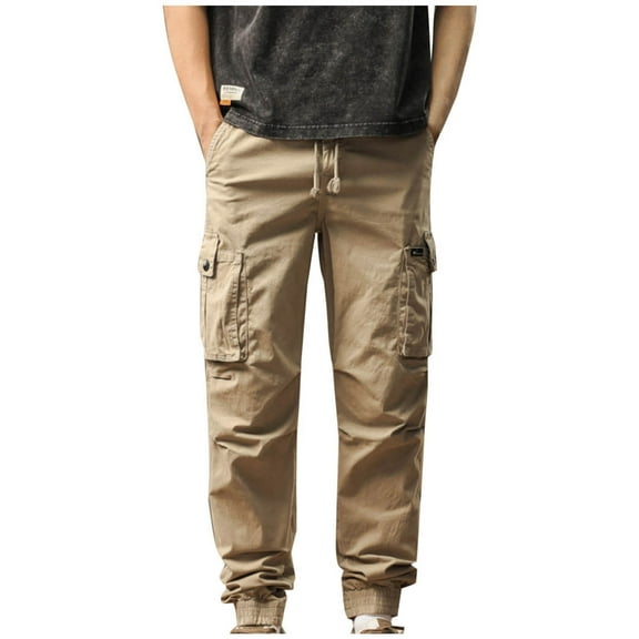 Men's Drawstring Waist Straight Leg Cargo Pants Street Trousers Beige M