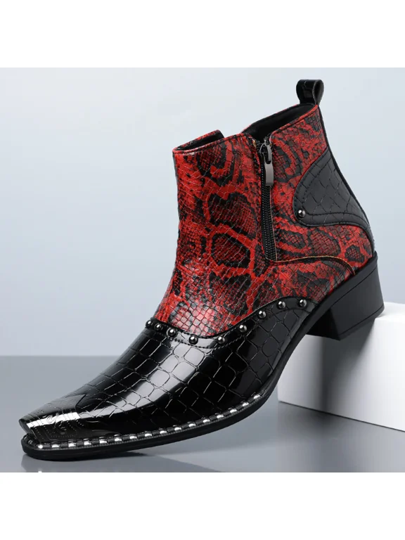 Men's Dress Casual Chelsea Boots - Genuine Leather Western Ankle Boots with Metal-Square Toe & Beaded Zipper for Ballroom Bar Disco & Party