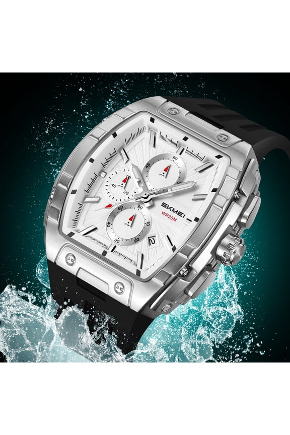 Men's Dress Chronograph Watch - Barrel Case Design, Luxury Quartz Movement with Small Seconds and Date, Water Resistant