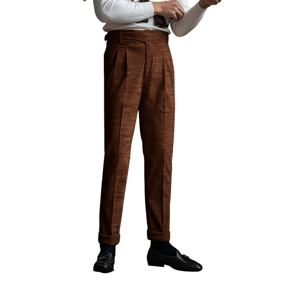 Men's Dress Pants, Corduroy Naples Style Classic Fit Vintage Business Trousers with Straight Leg and Pleat-Front for Smart Casual and Formal Wear,Brown,32