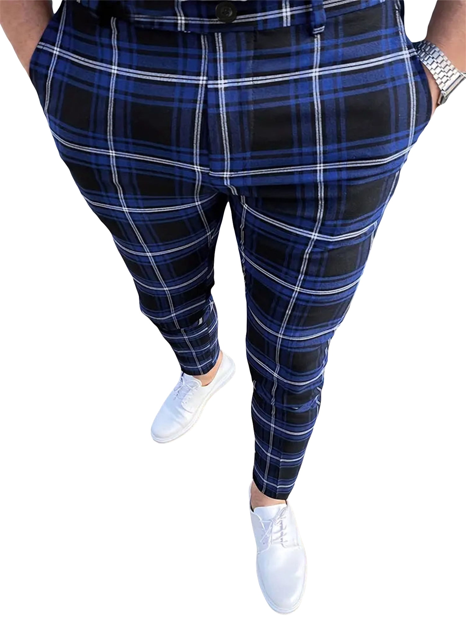 Men's Dress Pants Plaid Skinny Slim Fit Business Casual Pencil Pants