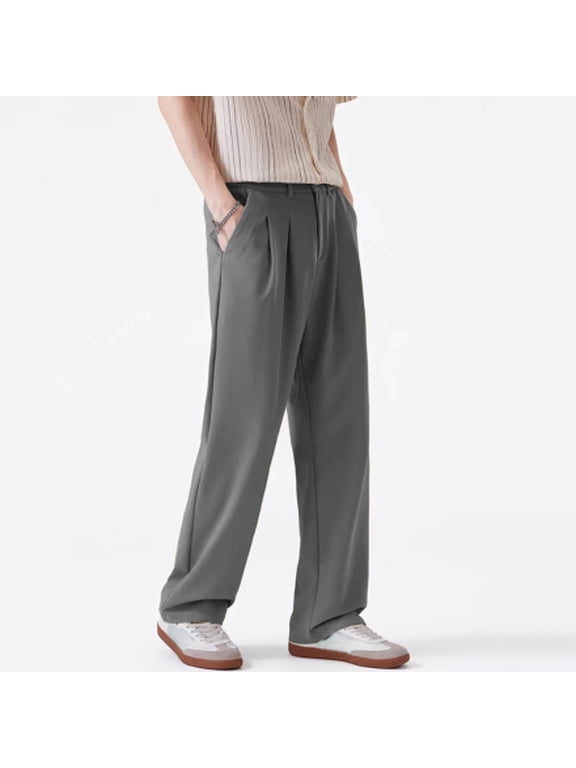 Men's Dress Pants Relaxed Double Pleated Lightweight Office Trousers S-XL