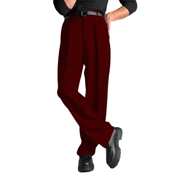 Men’s Dress Pants with Straight Leg and Pleat-Front Design for Casual Suit Wear, Plain Comfort Fit Ideal for Work and Business, Long Trouser Style for Daily Office Use,Wine,M
