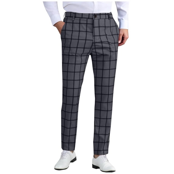 Men's Dress Plaid Trousers Slim Fit Flat Front Business Pants Fashion Stretch Skinny Golf Office Long Pants with Pockets (3XL, Dark Gray)