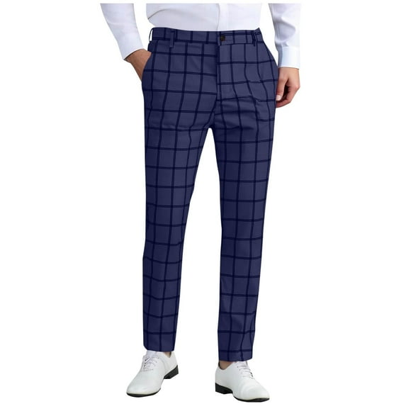 Men's Dress Plaid Trousers Slim Fit Flat Front Business Pants Fashion Stretch Skinny Golf Office Long Pants with Pockets (L, Dark Blue)