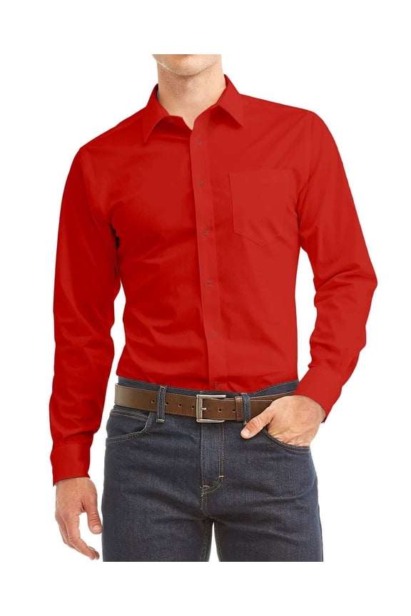 Men's Dress Shirt Long Sleeve Regular Fit Button Up Pocket Solid Standard Cuff Red