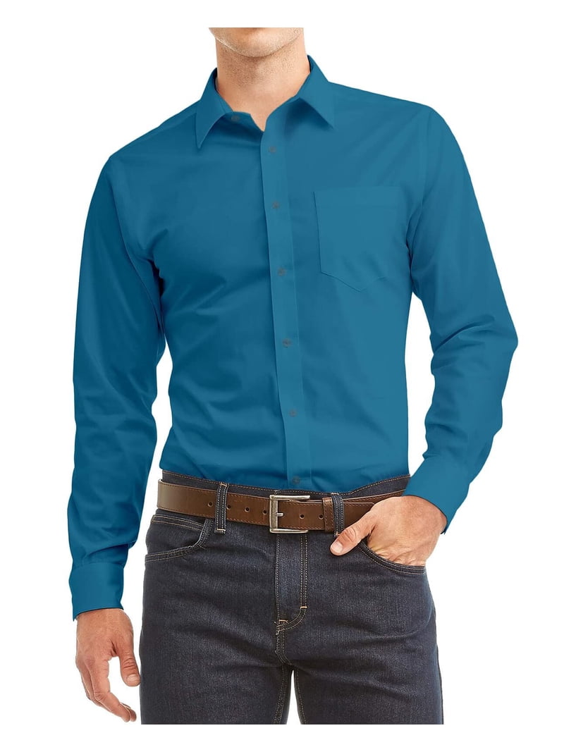 mens turquoise long sleeve dress shirt Boltini Italy Men's Classic Solid Long Sleeve Barrel Cuff Dress Shirt (Turquoise, Large 34/35), Size: Large (16-16 ) sleeve: 34/35, Blue