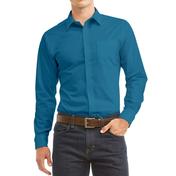 Men's Dress Shirt Long Sleeve Regular Fit Button Up Pocket Solid Standard Cuff Turquoise