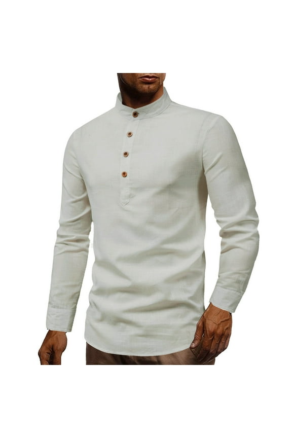 Men's Dress Shirt Long Sleeve Stand Collar Cotton Solid Color Linen Lightweight Classic Clothes Slim Casual Elegant Tops Fashion Dress Shirts Regular Fit