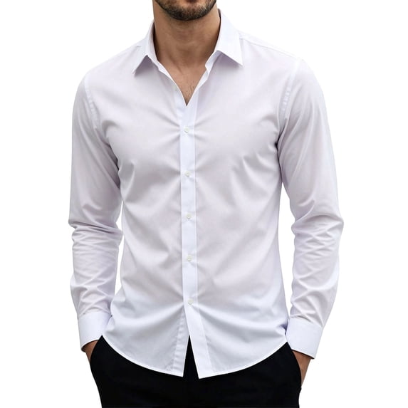 Men's Dress Shirt Regular Fit Solid Business Formal Long Sleeve Button Up Stretch Shirts Fall Casual Work Top