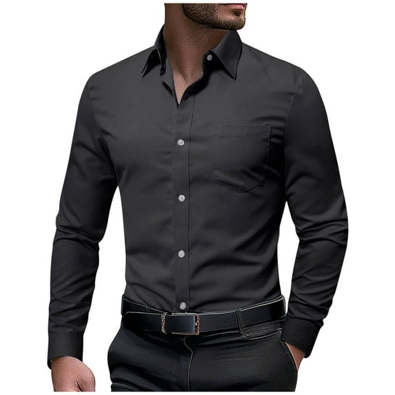 Men's Dress Shirt Regular Fit Stretch Stain Shield Long Sleeve Solid Business Wedding Button Down Shirts