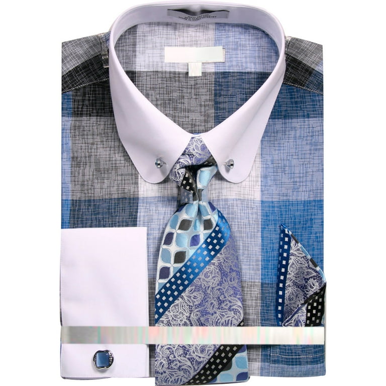 Men s Dress Shirt with Tie Handkerchief Cufflinks and Collar Bar with Stone Walmart
