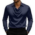 thumbnail image 1 of Men's Dress ShirtS Solid Satin Cowl Neck Long Sleeve Tops Formal Business Office Outwear Party Wedding Dark Blue S, 1 of 7