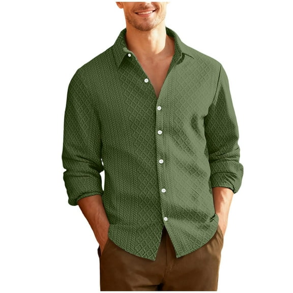 Men's Dress Shirts Business Casual Outfits for Men Fashion Jacquard Textured Collared Blouses Long Sleeve Tops (L, Army Green)