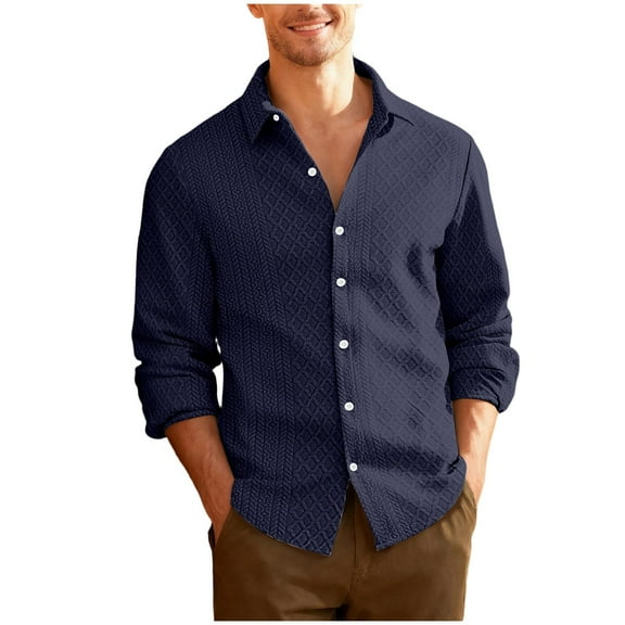 Men's Dress Shirts Business Casual Outfits for Men Fashion Jacquard Textured Collared Blouses Long Sleeve Tops (L, Navy)