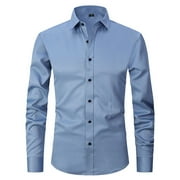 Mens Dress Shirts Long Sleeve Smart Casual Plain Button Shirt Non Iron Solid Turn Down Collar Business Shirts Regular Fit Stretch Wedding Work Office Oxford Formal Shirt