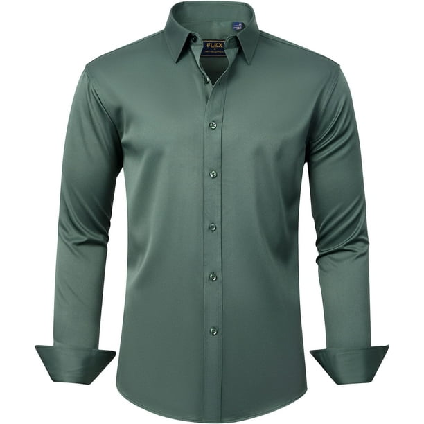 slim fit dress slacks Men's Forest Green Long Sleeve Dress Shirt, Stain Repellent, Wrinkle Resistant main image 0