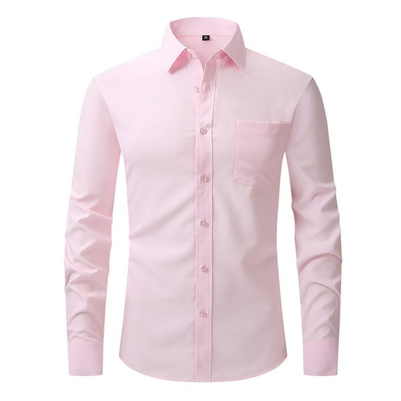 Men's Dress Shirts Solid Long Sleeve Stretch Wrinkle-Free Formal Shirt (Pink L)