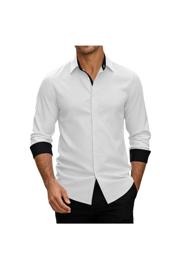 Men's Dress Shirts Stretch Long Sleeve Solid formal Shirt Business Casual Button Down Shirts with Contrast Cuffs Size S-2XL White