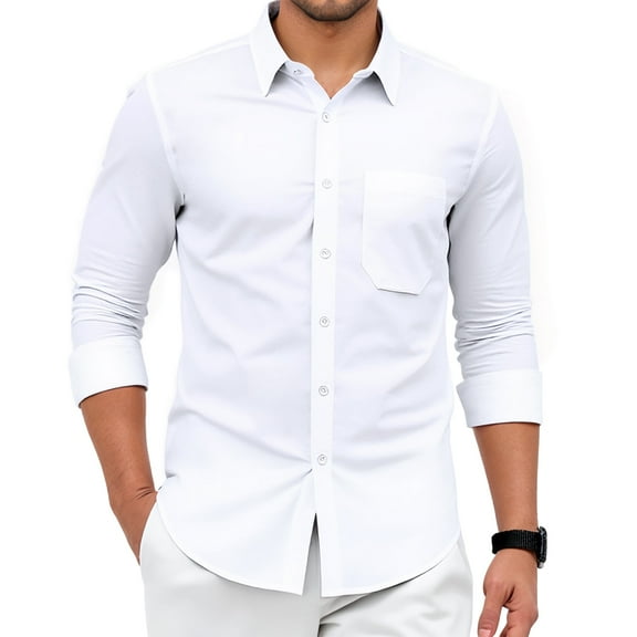 Men's Dress Shirts White Long Sleeve Formal Shirt Business Solid Casual Button Down Shirts L