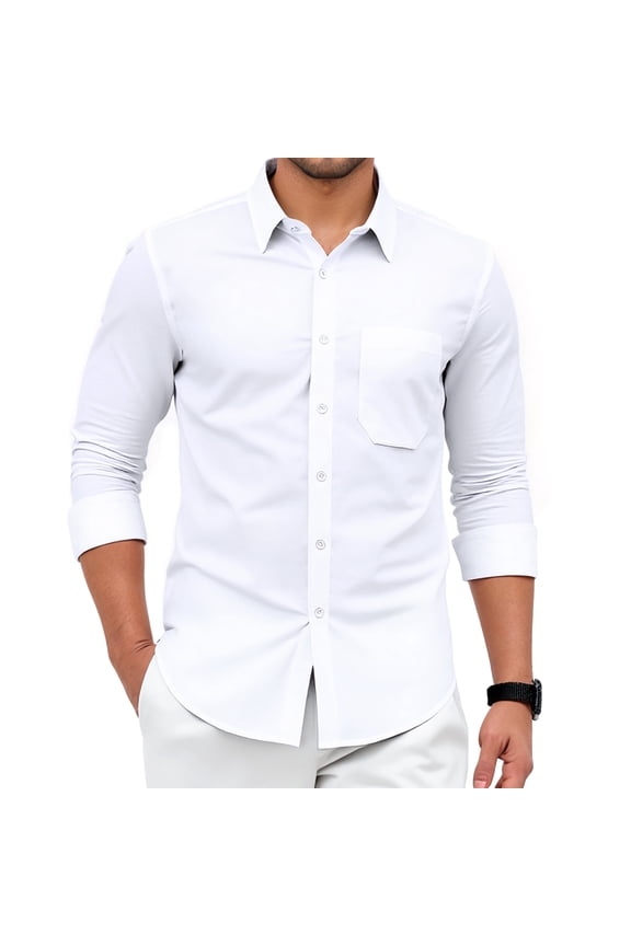 Men's Dress Shirts White Long Sleeve Formal Shirt Business Solid Casual Button Down Shirts M