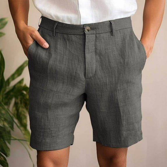 Men's Dress Shorts Summer Linen Beach Shorts with Pockets Solid Color Loose Casual Bermuda Shorts Button Zipper Short Pants Chino Cargo Shorts Gray XXL