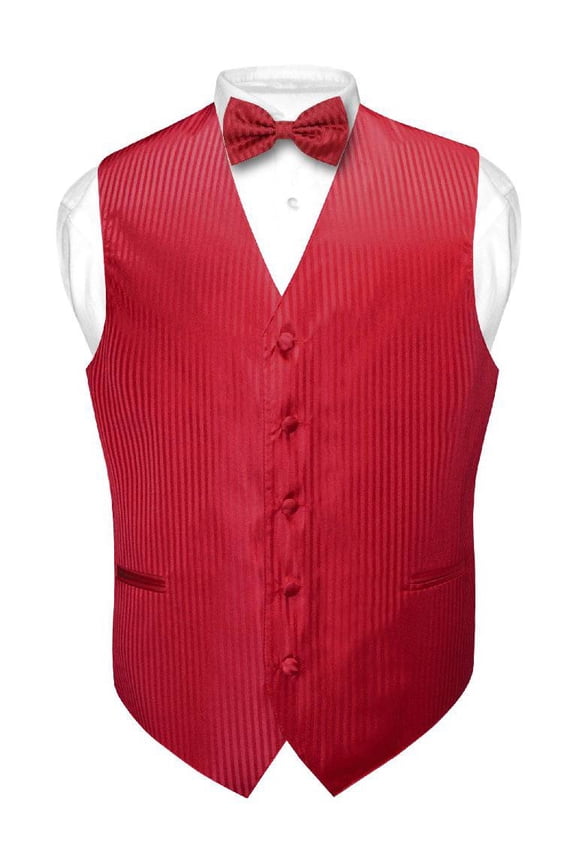 Men's Dress Vest & BOWTie RED Color Vertical Striped Design Bow Tie Set sz L