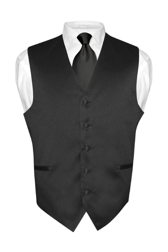 Men's Dress Vest & NeckTie Solid BLACK Color Neck Tie Set for Suit or Tux sz 6XL