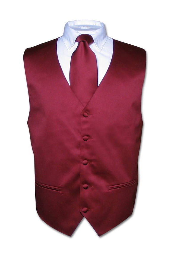 Men's Dress Vest & NeckTie Solid BURGUNDY Color Neck Tie Set for Suit or Tux L