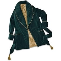 Men's Dressing Gown Quilted Smoking Jacket, Green Velvet with Gold Piping Tassels Robe’s 