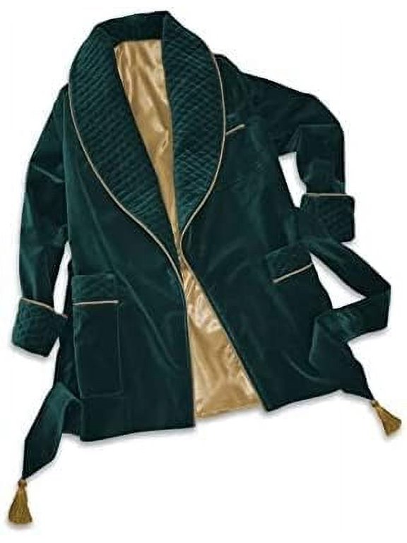Men's Dressing Gown Quilted Smoking Jacket, Green Velvet with Gold Piping Tassels Robe’s 