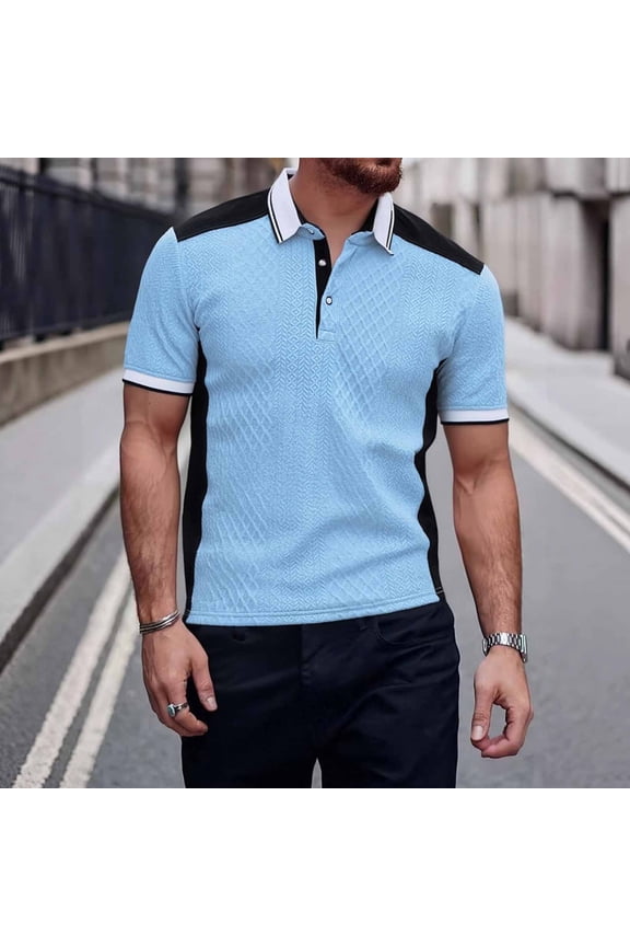 Men's Dressy Lapel T-Shirt Color Block Embossed Button Collar Shirt with Cuffs Texture Short Sleeve Business Golf Blouse Tee Tops Light Blue M