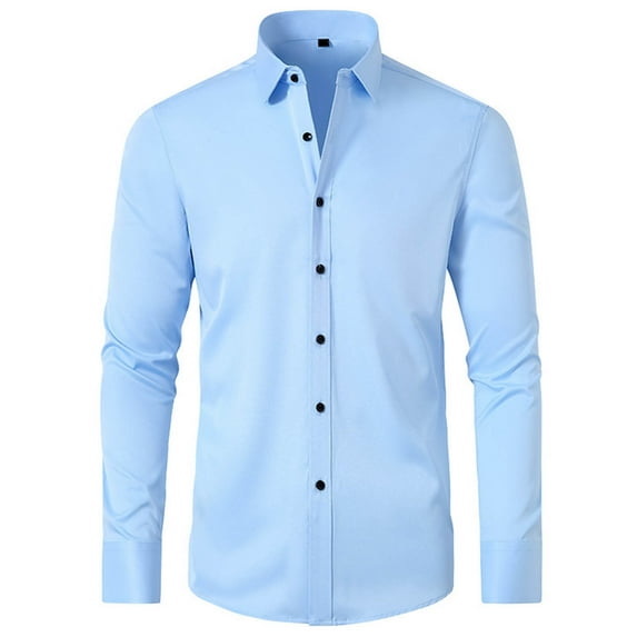 Men's Dressy Tops Long Sleeve Buttons Up Shirts Lapel V Neck Slim Fit Solid Business Office Work Blouses Blue,XL